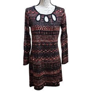 Aryeh Red & Black Patterned Sweater Dress with Cutout Neckline- Size Medium